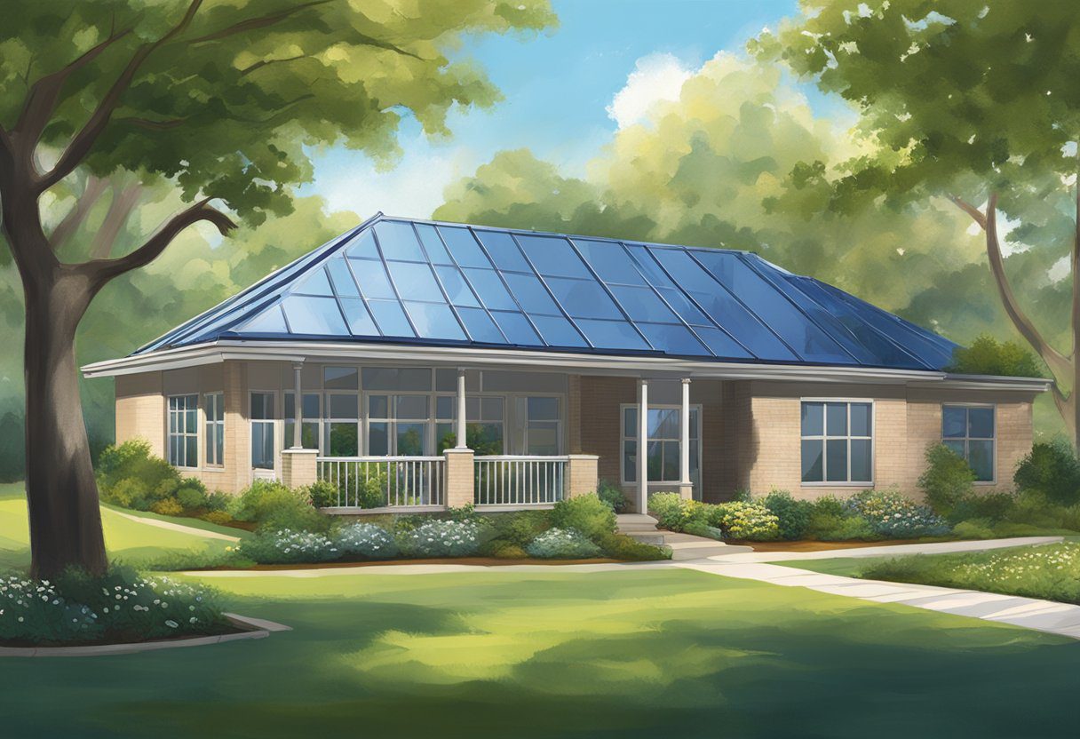 A sunny day in Sugar Land, TX. A metal roof glistens in the sunlight, surrounded by greenery and a clear blue sky