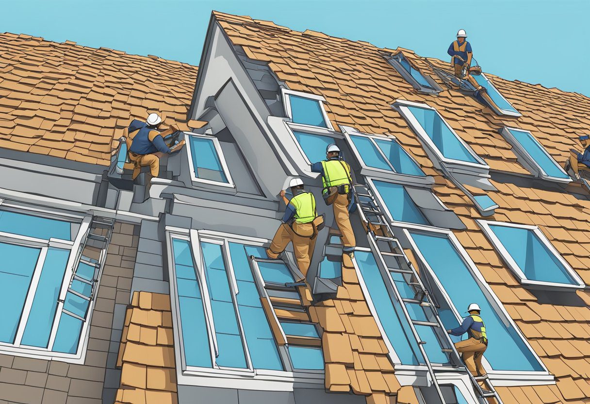 A crew of roofers installs shingles on a large commercial building in Sugar Land, TX, under a clear blue sky