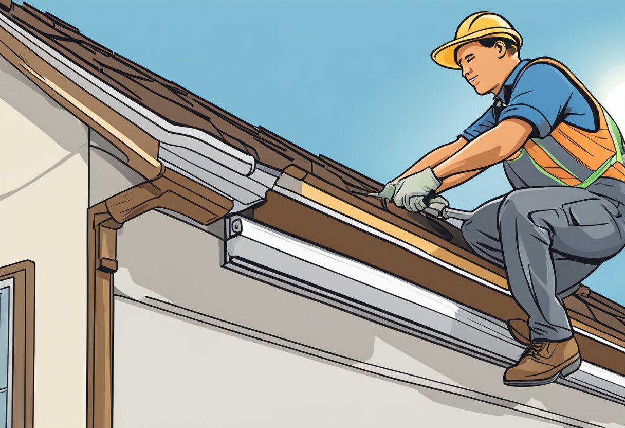 A worker installs a new gutter on a suburban home in Sugar Land, TX. The bright sun shines down as the worker carefully secures the gutter to the roof