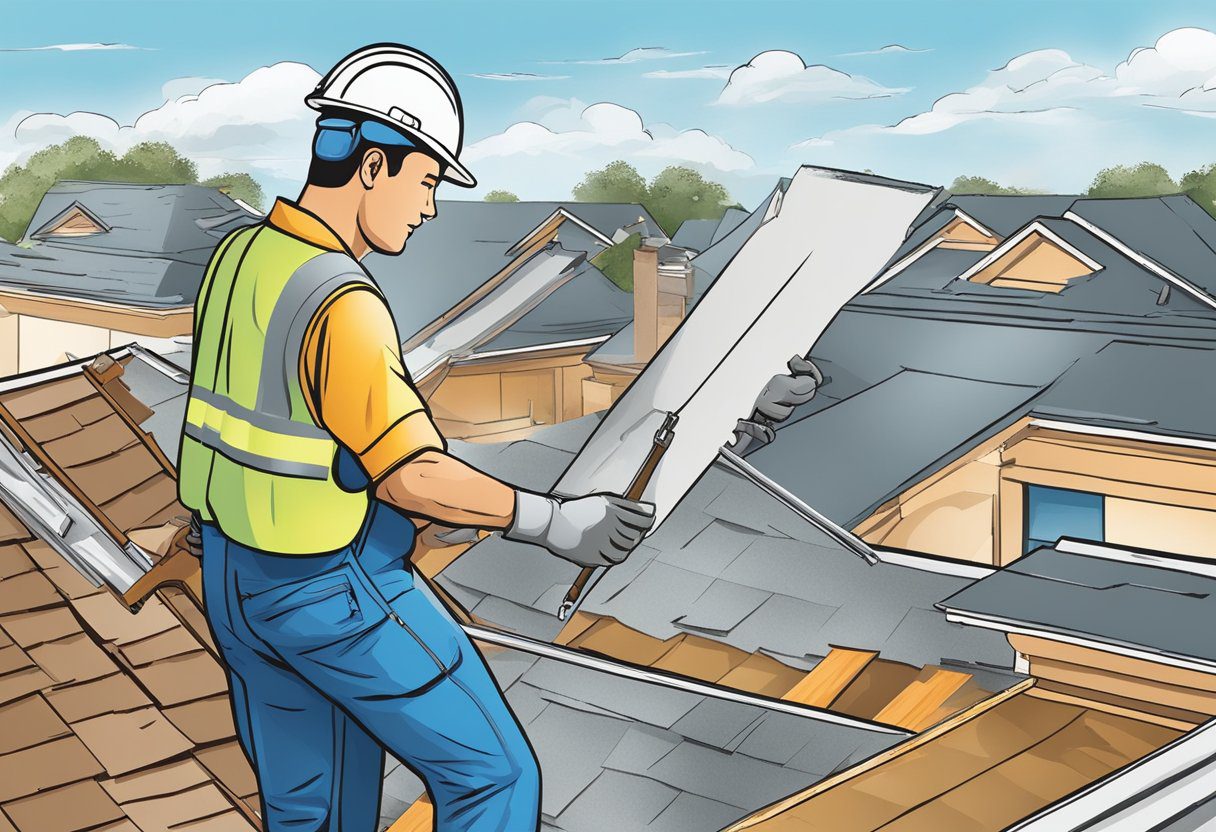 A roofer in Sugar Land, TX, repairing a damaged roof under a clear blue sky with tools and materials scattered around