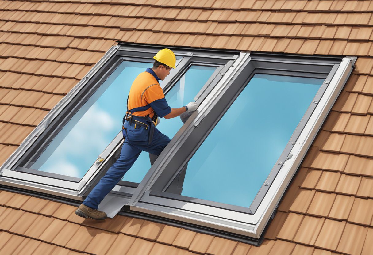 A technician installs a skylight on a roof in Sugar Land, TX