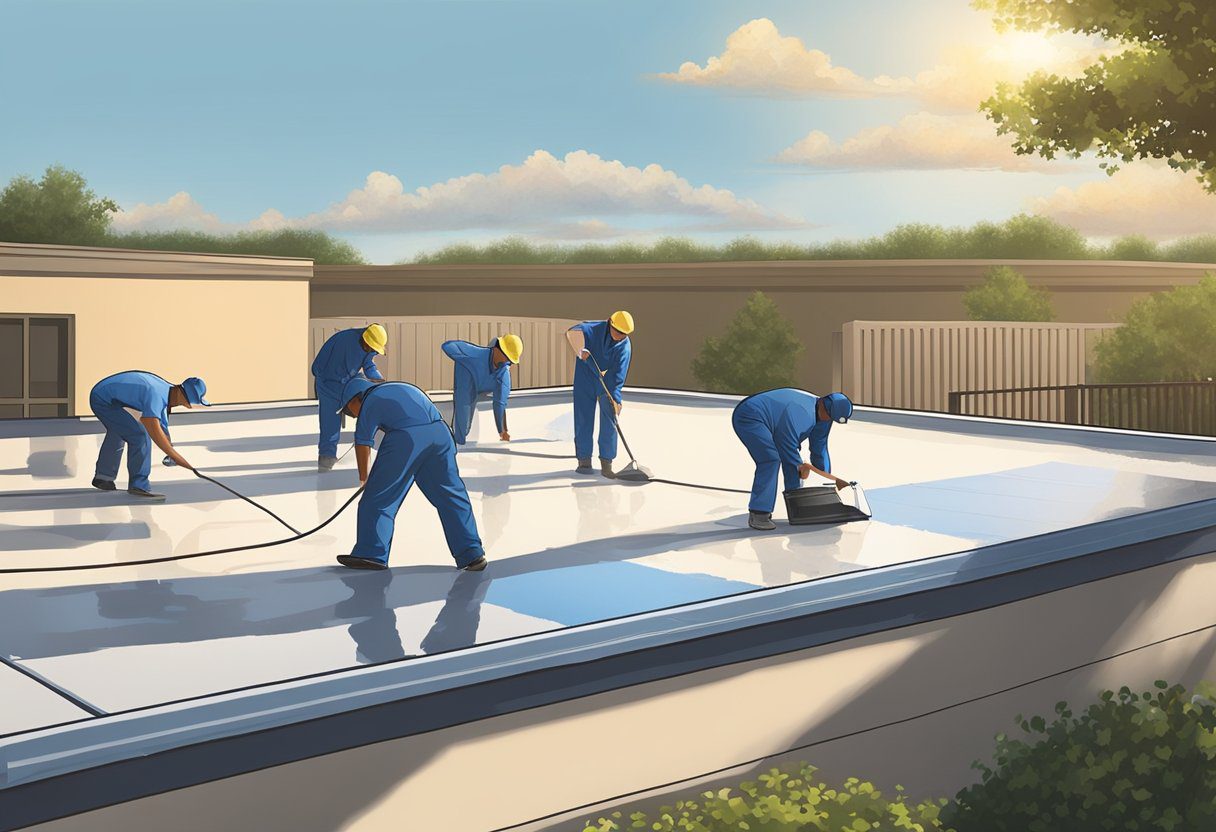 A crew applies waterproofing material to a flat roof in Sugar Land, TX. The sun shines down as they work diligently