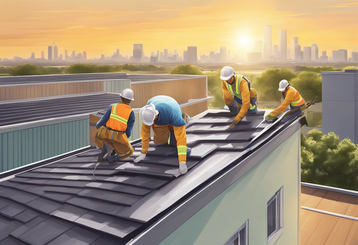 A crew of workers installs flat roofing materials on a building in Sugar Land, TX. The sun shines down as they work, with the city skyline in the background