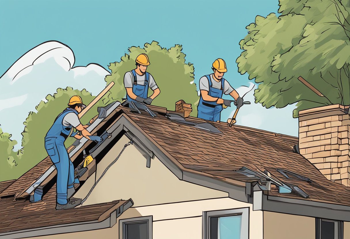 A roofer repairing a damaged roof in Sugar Land, TX, with tools and materials scattered around the work area