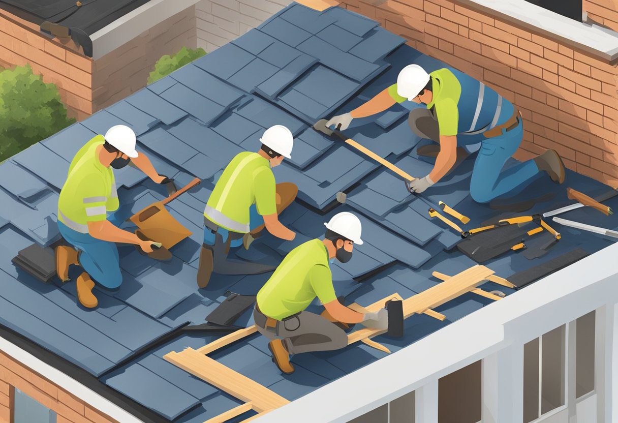 Workers lay down roofing material on a flat roof in Sugar Land, TX. Tools and equipment are scattered around the work area