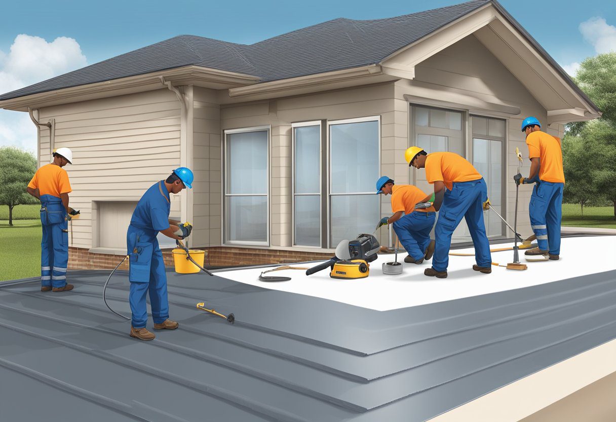 A team of workers repairing a flat roof in Sugar Land, TX using professional tools and materials