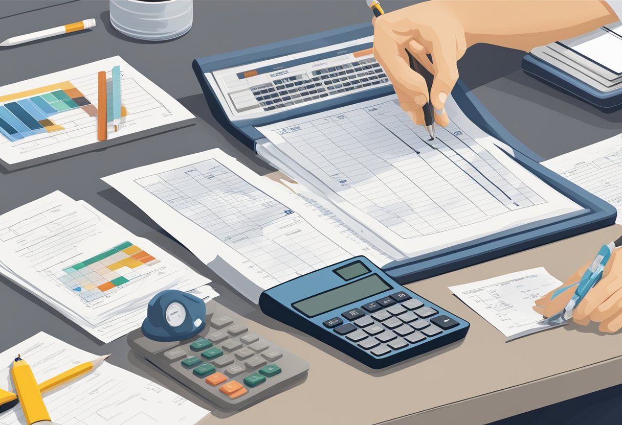 A contractor calculating costs for flat roofing in Sugar Land, TX. Tables with material prices and a calculator on a desk