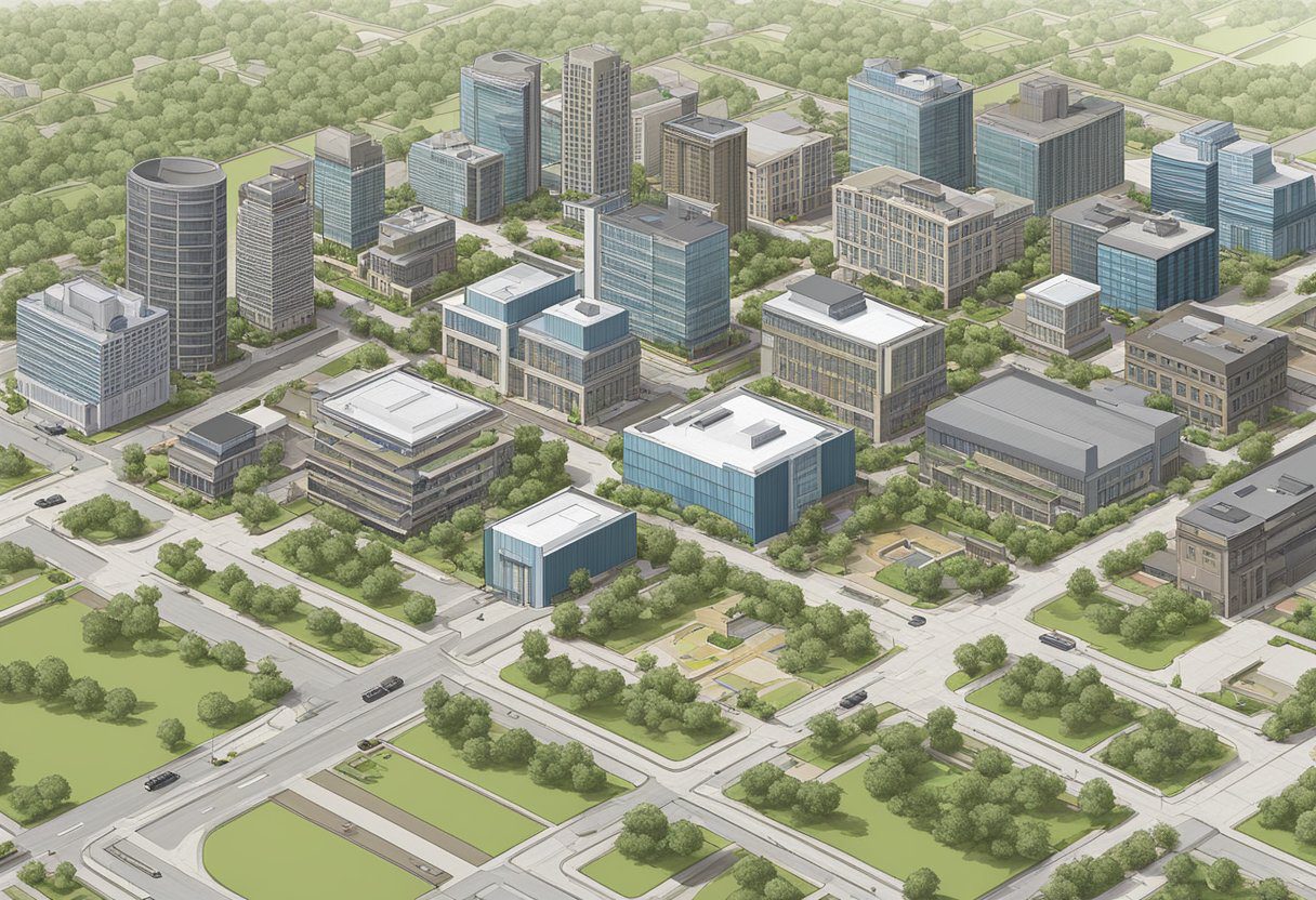 A city skyline with various flat-roofed buildings, each adhering to specific building codes and regulations. Clear signage displaying "Sugar Land Flat Roofing" on several structures