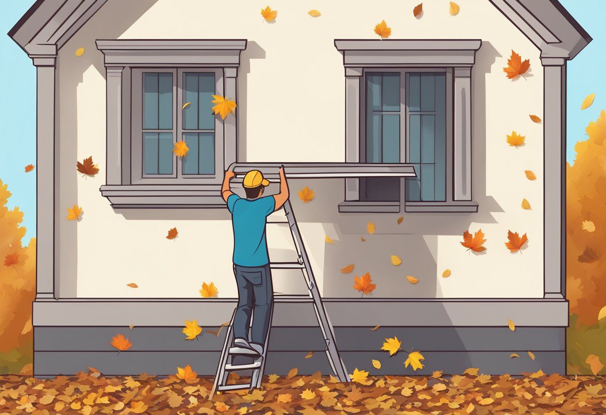 A ladder leaning against a house with a person's hand reaching up to clean or repair a gutter. Fallen leaves and debris scattered on the ground