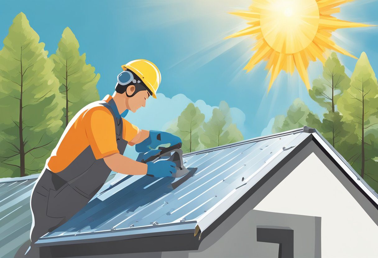 A metal roof being inspected for damage, with a person using tools to tighten screws and remove debris. The sun is shining, and the roof is surrounded by trees and a clear blue sky