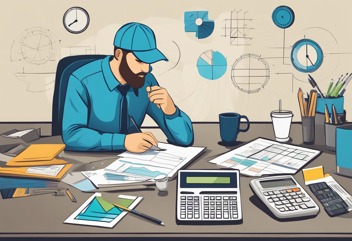 A person is analyzing the cost of metal roofing in Sugar Land, TX. They are surrounded by charts, graphs, and a calculator, deep in thought