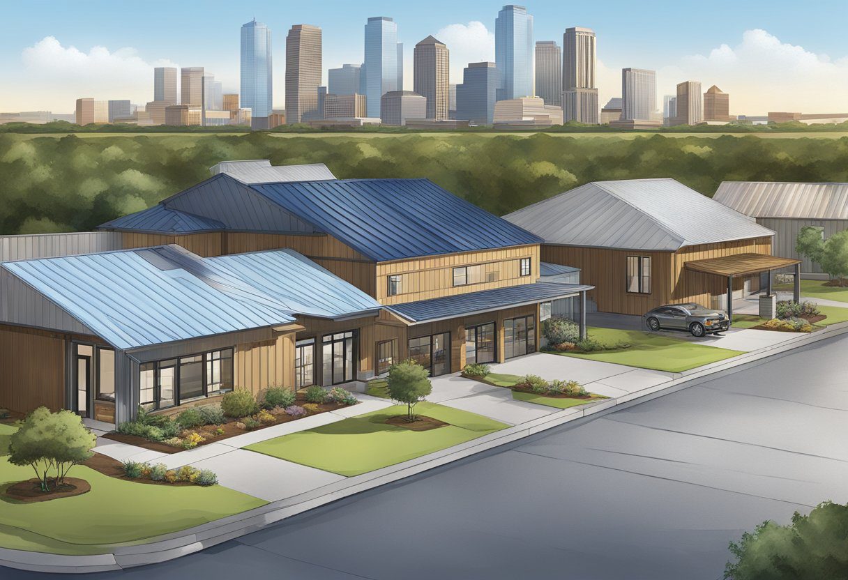 The scene depicts various types of metal roofing materials, including corrugated steel, standing seam, and metal shingles, with a backdrop of the Sugar Land, TX skyline