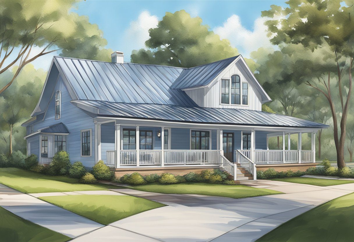 A residential house with a metal roof in Sugar Land, TX, surrounded by trees and a clear blue sky