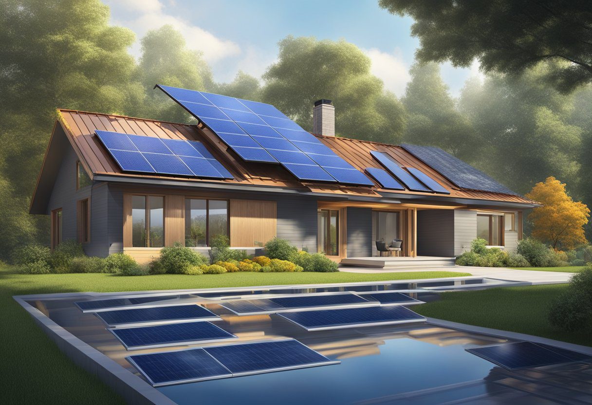 A metal roof shines under the sun, reflecting heat away. Solar panels are installed on top, generating energy. Trees and plants surround the house, showcasing its eco-friendly design