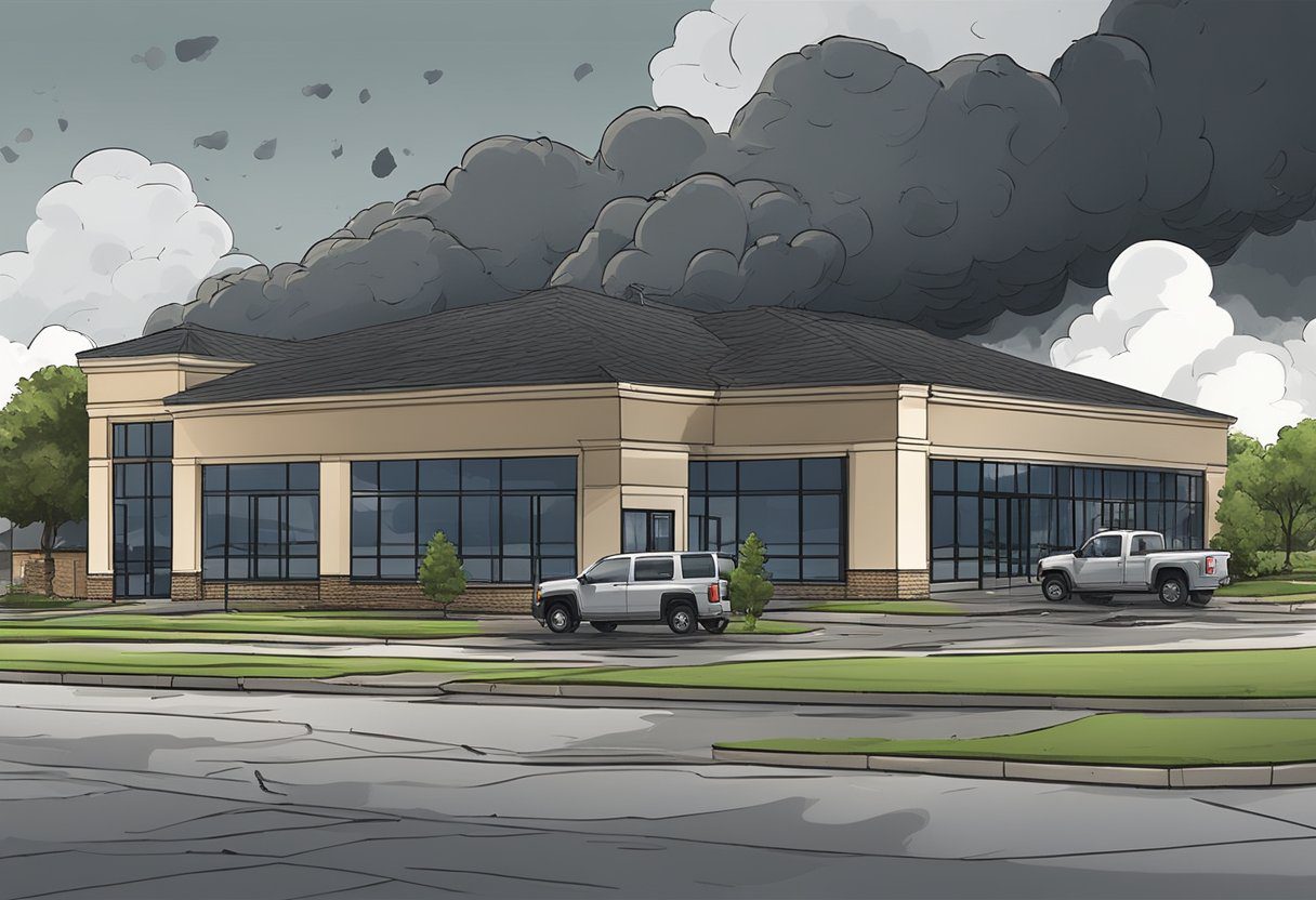 Dark clouds loom over a commercial building with damaged roofs. Emergency roofing services arrive in Sugar Land, TX. Debris scattered, and workers assess the extent of the storm damage