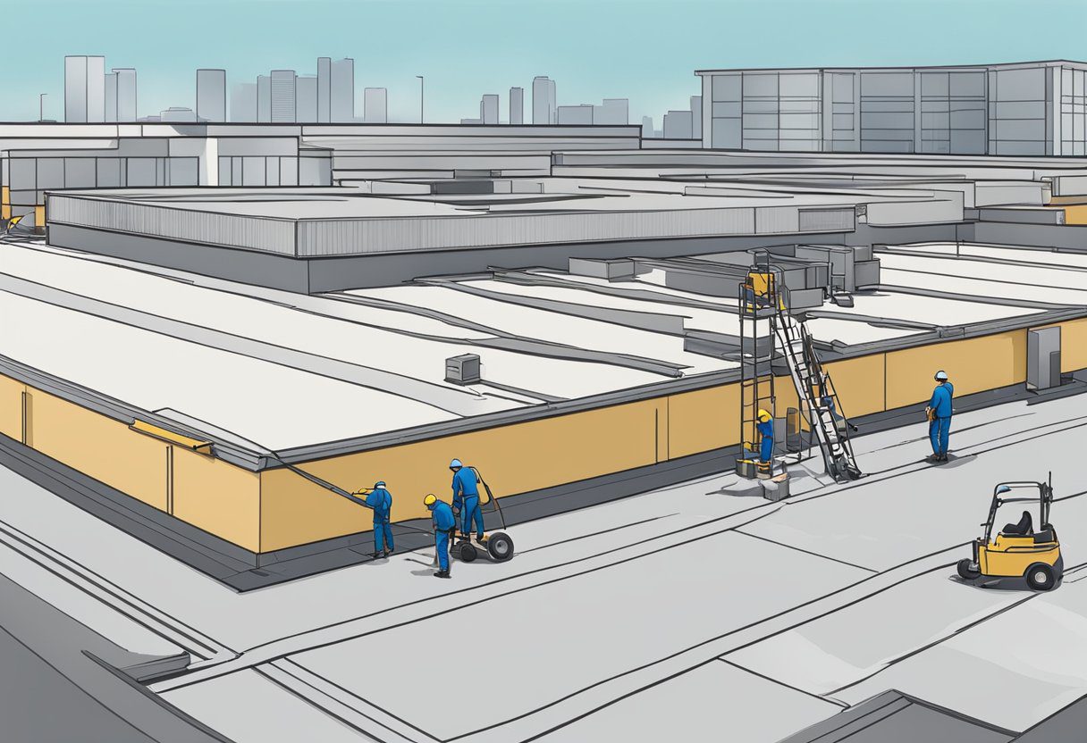 A team of workers inspects and repairs a flat commercial roof in Sugar Land, Texas, using specialized equipment and materials for preventative maintenance