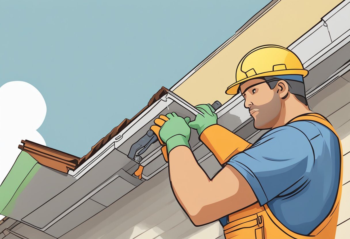 A worker repairing a gutter on a house in Sugar Land, TX, with tools and materials nearby