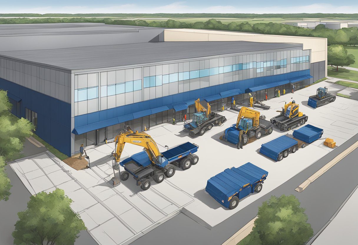 Workers lay down roofing materials on a commercial building in Sugar Land, TX. Machinery and tools are scattered around the site as the installation process progresses