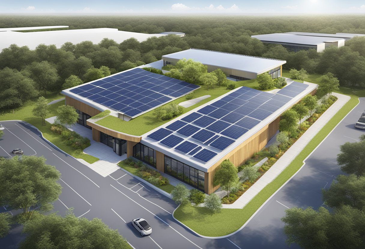 A commercial building with a modern, eco-friendly roof made of sustainable materials, surrounded by greenery and solar panels in Sugar Land, TX