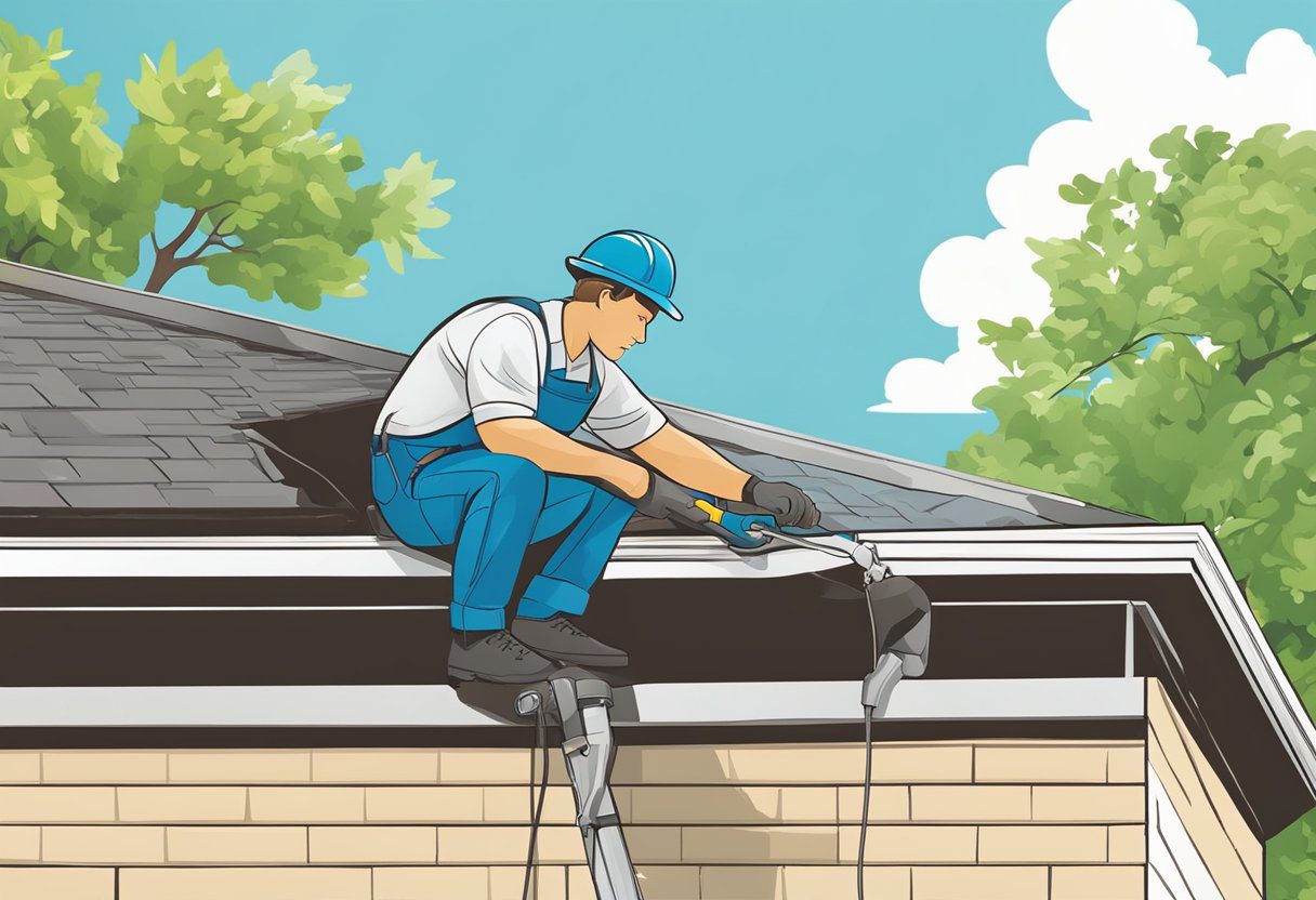 A technician repairing a damaged gutter while surrounded by lush greenery and under a clear blue sky in Sugar Land, TX