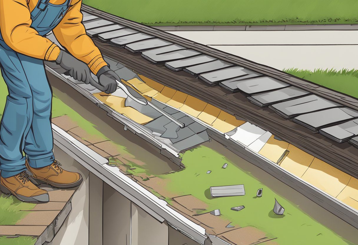 A homeowner examines a damaged gutter, weighing the options of repair or replacement. Tools and materials are scattered nearby