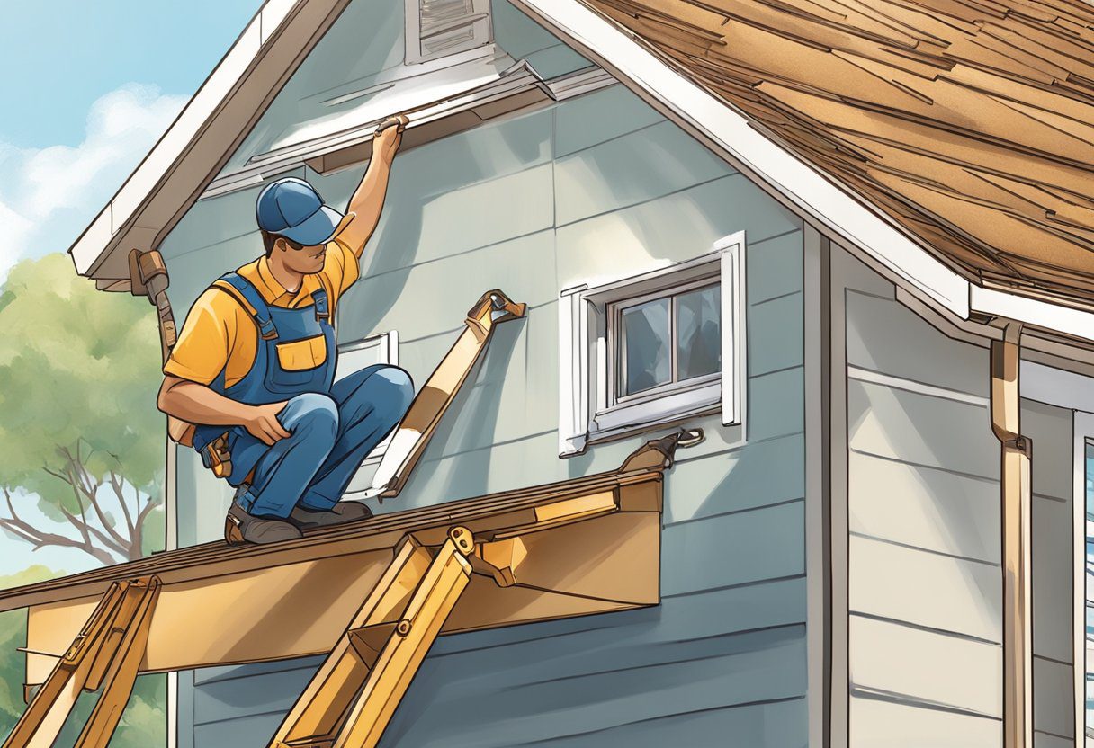 A worker installs gutters on a residential home in Sugar Land, TX. Tools and materials are scattered around the work area. The sun is shining, and the sky is clear