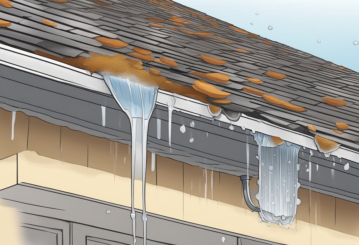 Rainwater overflowing from clogged gutters, sagging or detached sections, and rusted or corroded areas on gutters in a residential area in Sugar Land, TX