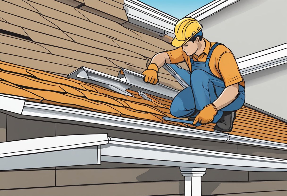 A worker installs gutters on a house in Sugar Land, TX. They measure, cut, and attach the gutters to the roof, ensuring proper drainage