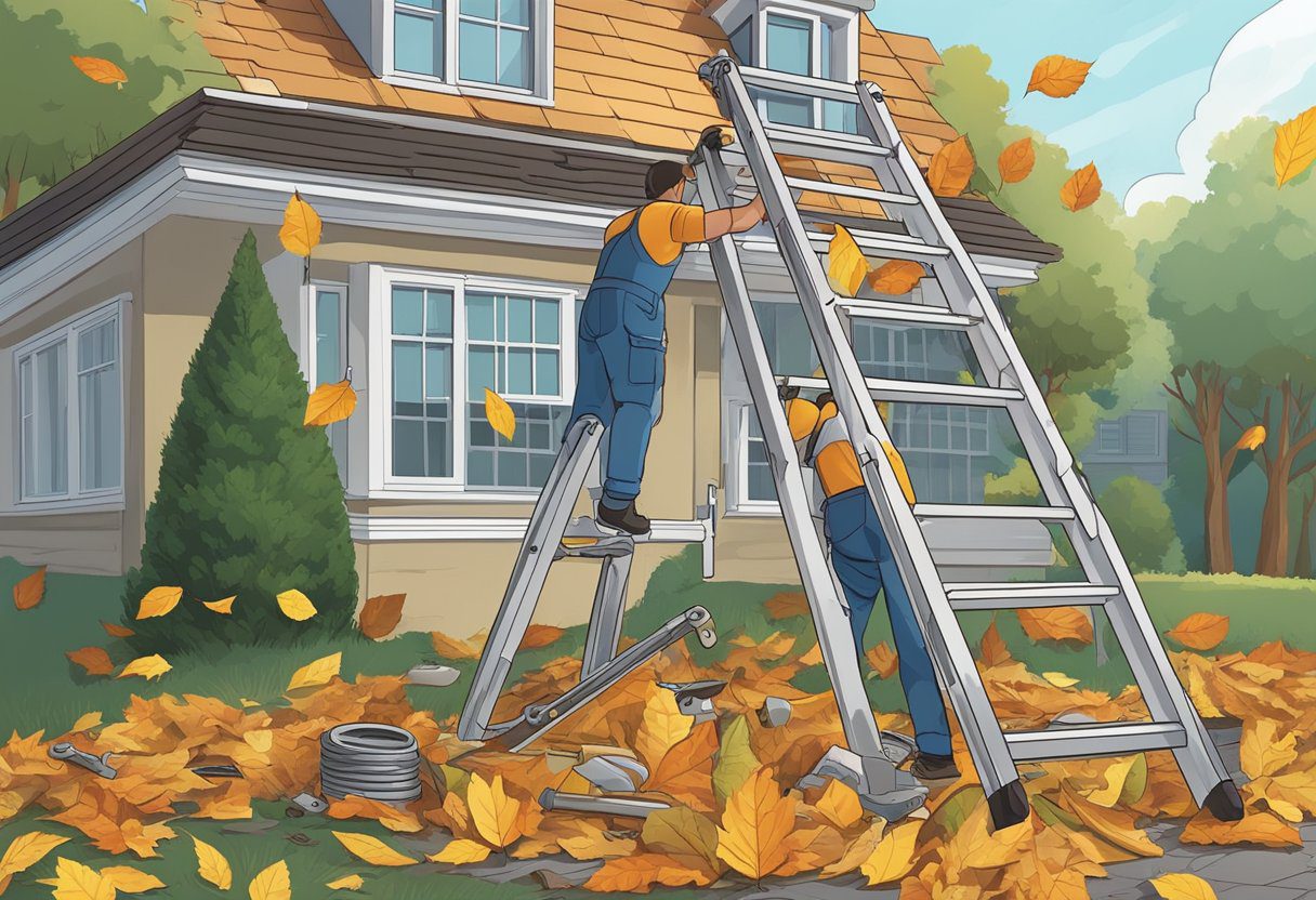 A ladder leaning against a house, with a person's hand holding a wrench tightening the screws on a gutter. A pile of leaves and debris on the ground next to the ladder