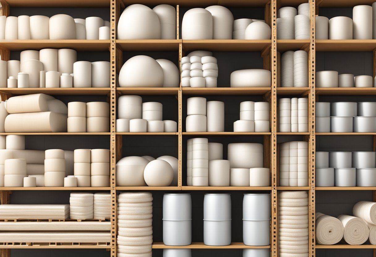 A variety of roof insulation materials are stacked neatly on a warehouse shelf, including foam boards, fiberglass rolls, and spray foam cans