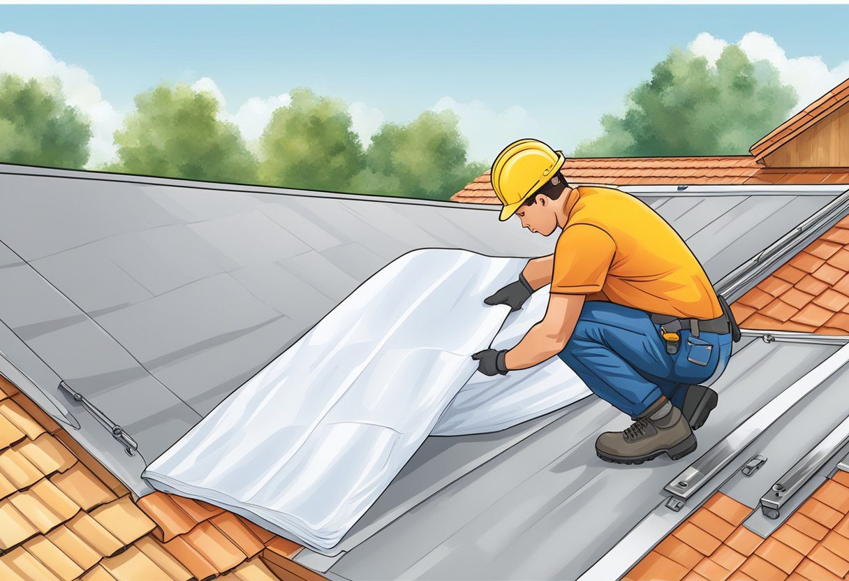 A worker unrolls and lays down sheets of roof insulation, securing them in place with fasteners