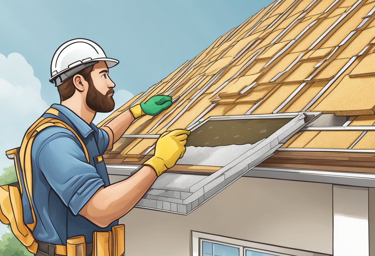 A contractor holds up various insulation materials while inspecting a roof in Sugar Land, TX