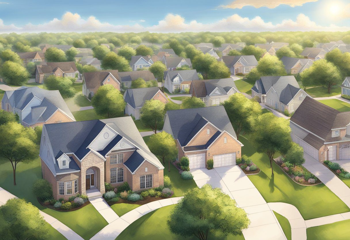 The sun shines brightly over a suburban neighborhood, with houses equipped with roof insulation. A gentle breeze blows through the trees, as the temperature rises in Sugar Land, Texas