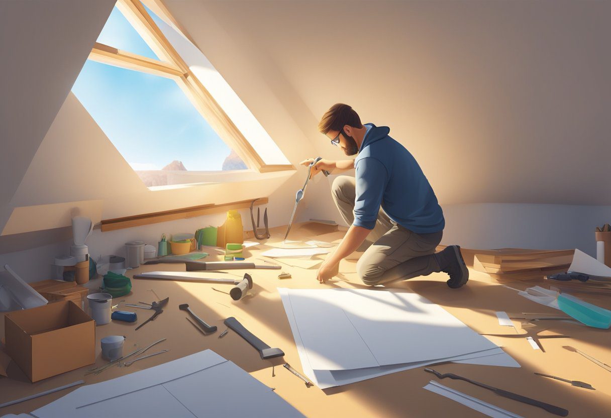 A person installs a skylight on a roof, tools and materials scattered around. Sunlight streams through the opening, illuminating the room below