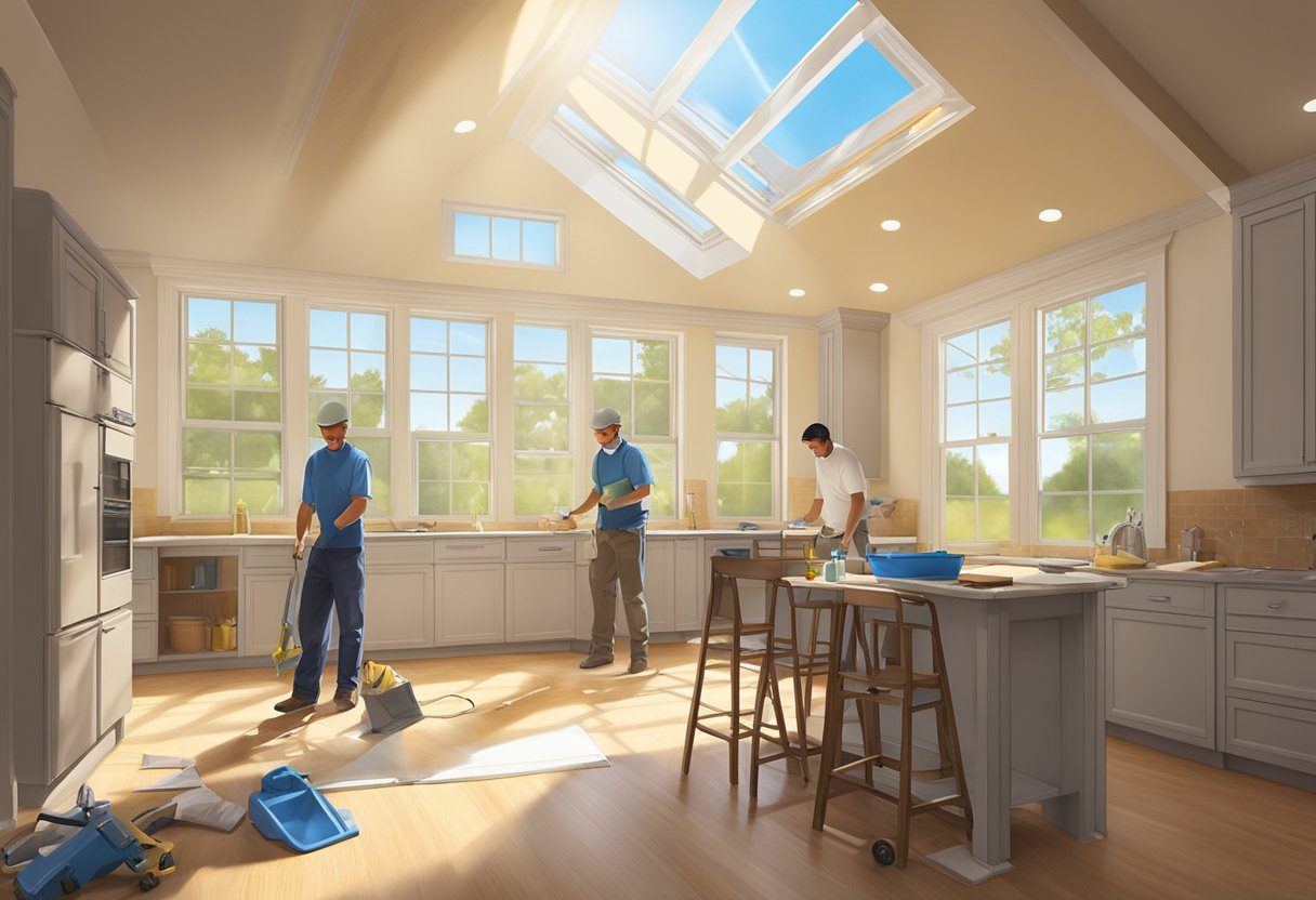 Sunlight streams through a newly installed skylight, illuminating the room. Tools and materials are scattered around as workers complete the repair in Sugar Land, TX