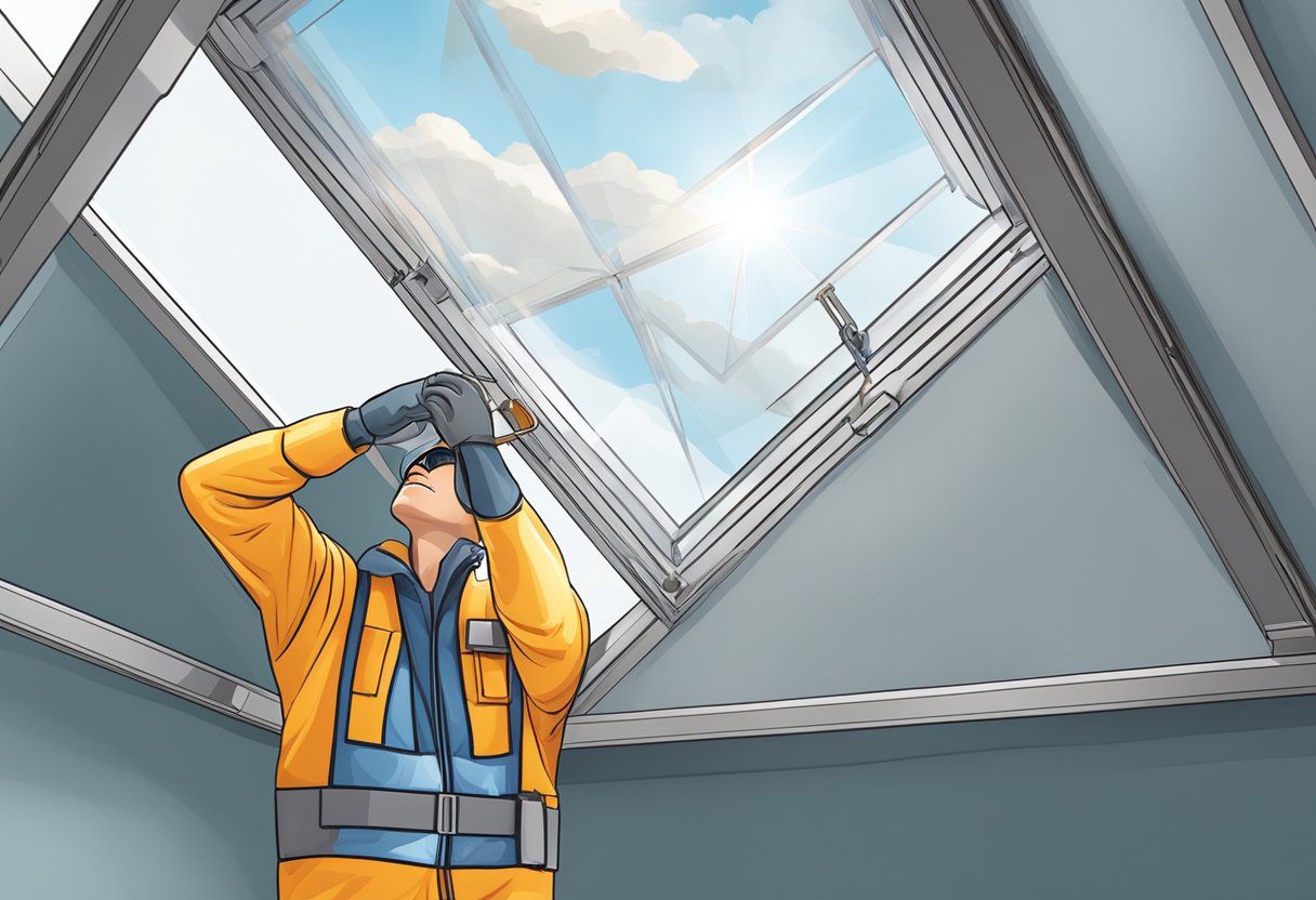 A technician secures a skylight to a roof, using tools and safety equipment. The clear glass panel reflects sunlight, illuminating the interior space below