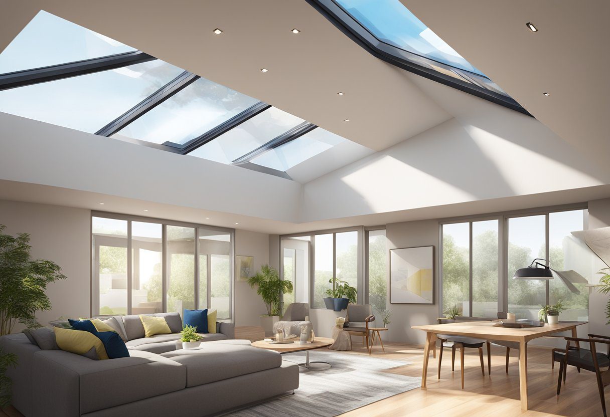 A unique skylight being installed in a modern space, with sunlight streaming through, showcasing the expertise of Skylight Installation and Repair in Sugar Land, TX