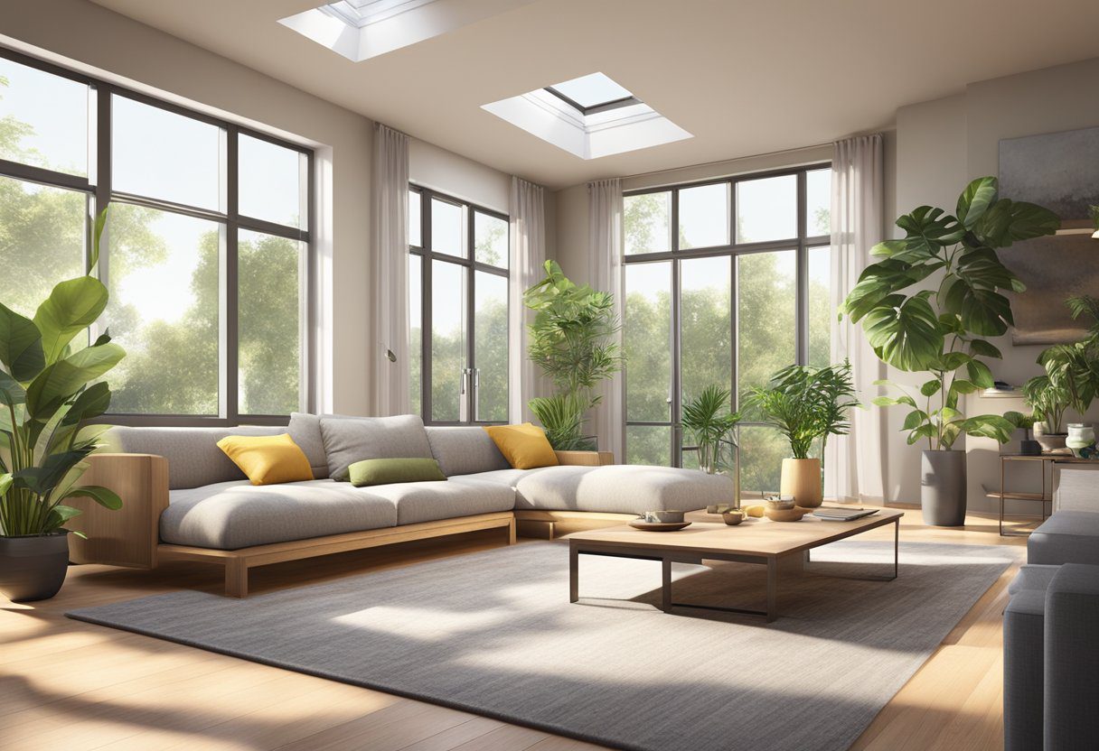 A sunny living room with a newly installed skylight, casting natural light onto modern furniture and plants. The room feels bright and inviting, adding value to the home