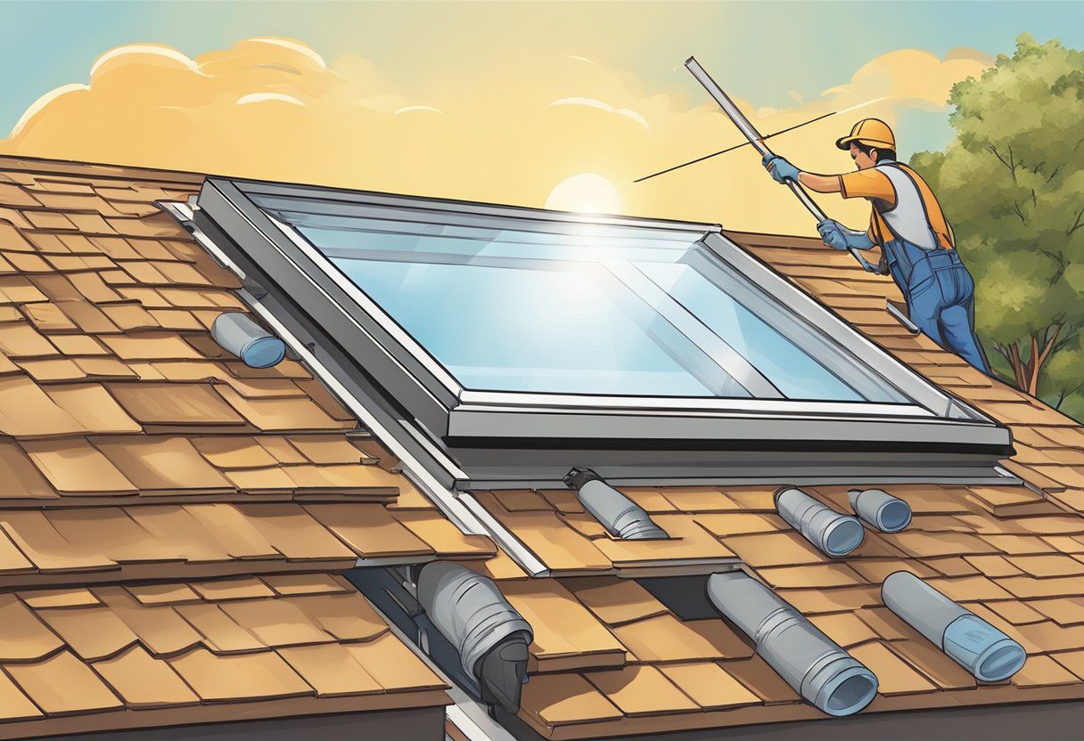 A professional installing a skylight on a rooftop in Sugar Land, TX. The installer is carefully securing the skylight into place, surrounded by tools and materials