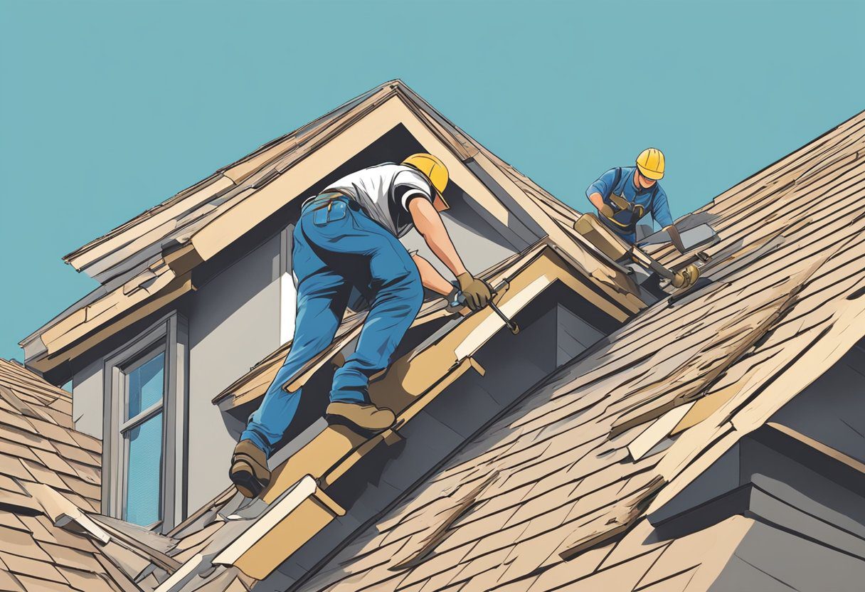 A roofer in Sugar Land TX repairing a damaged roof with tools and materials, under a clear blue sky