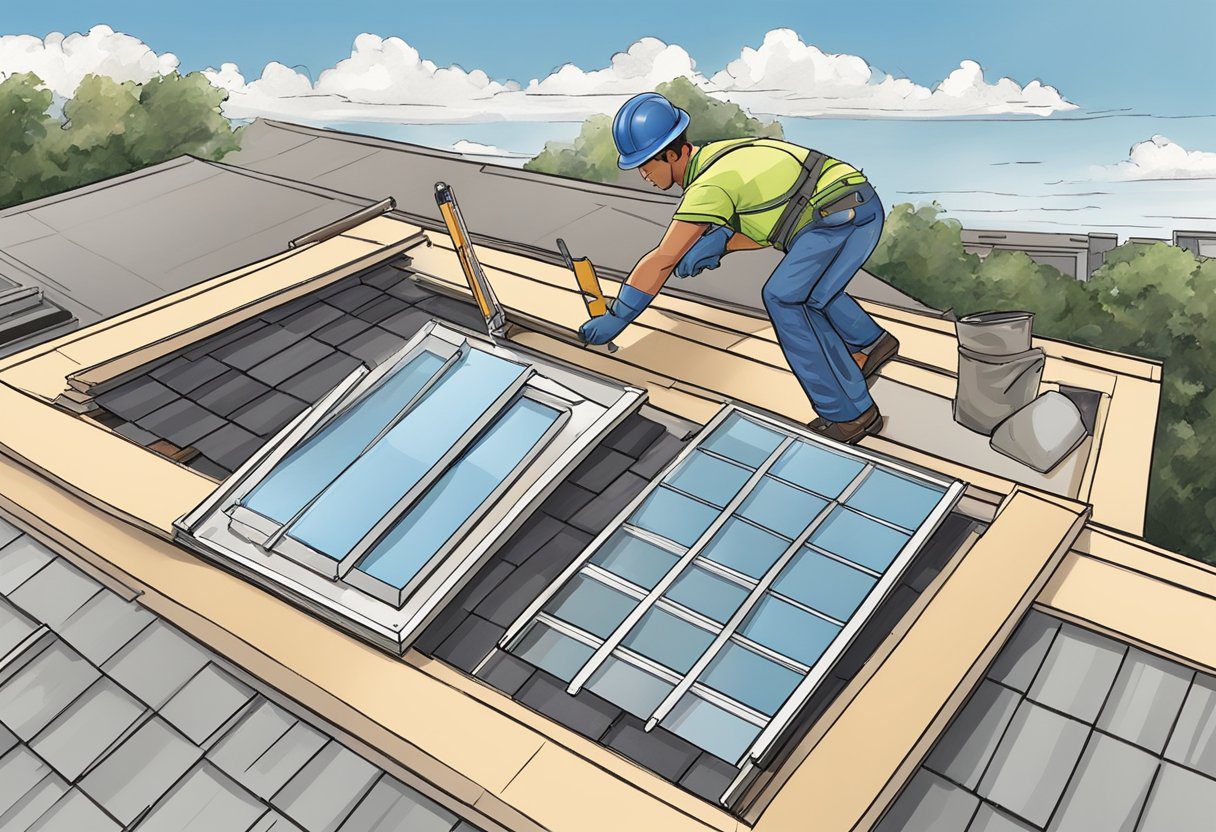 A professional installing a skylight on a rooftop in Sugar Land, TX. Tools and materials are scattered around the work area