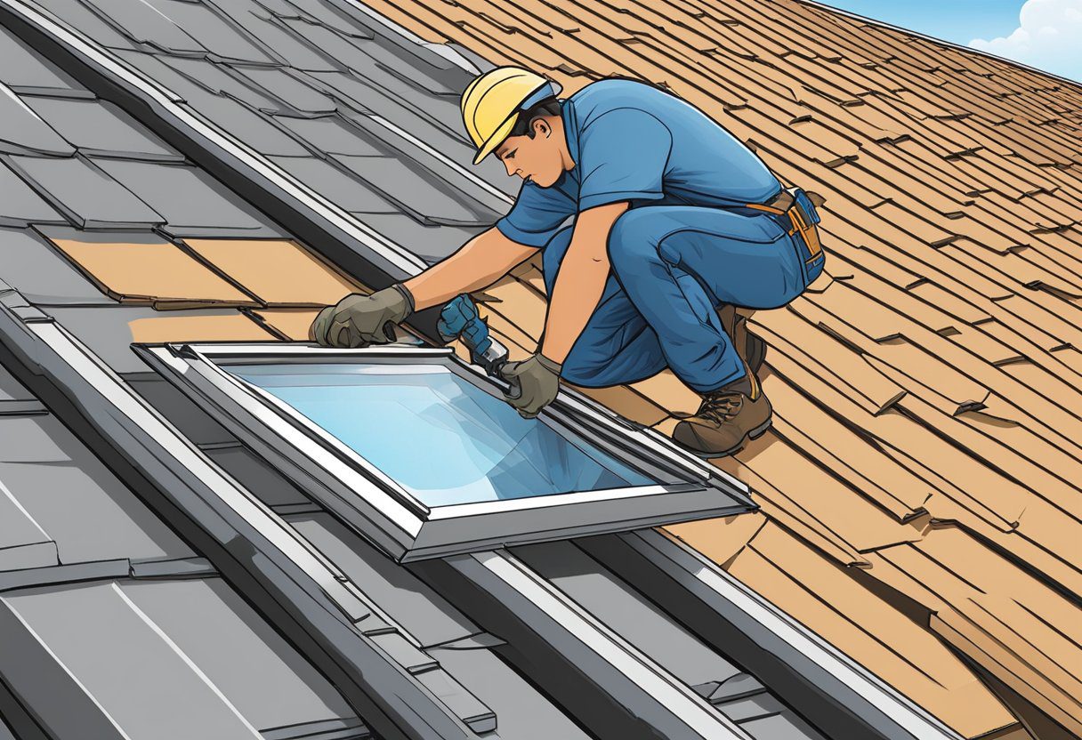 A technician installs a skylight on a rooftop in Sugar Land, TX, using tools and equipment