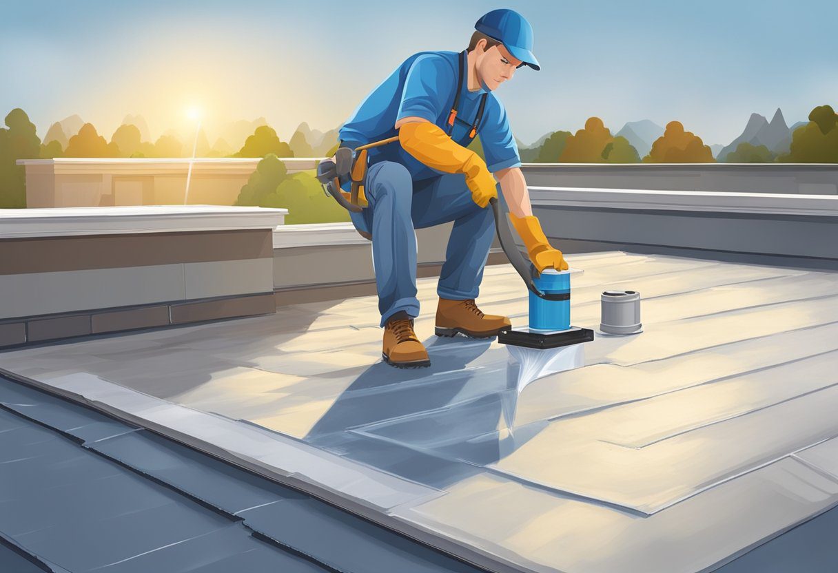 A roofer applies waterproofing membrane to a flat roof, using a roller to ensure even coverage. Flashing is installed around vents and edges for added protection