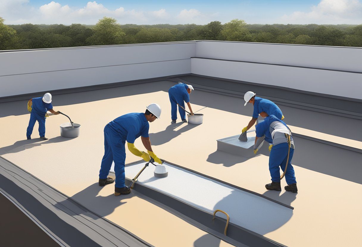 A team of workers applies waterproofing material to a flat roof in Sugar Land, Texas. The sun shines down as they carefully seal every inch, ensuring a durable and watertight surface