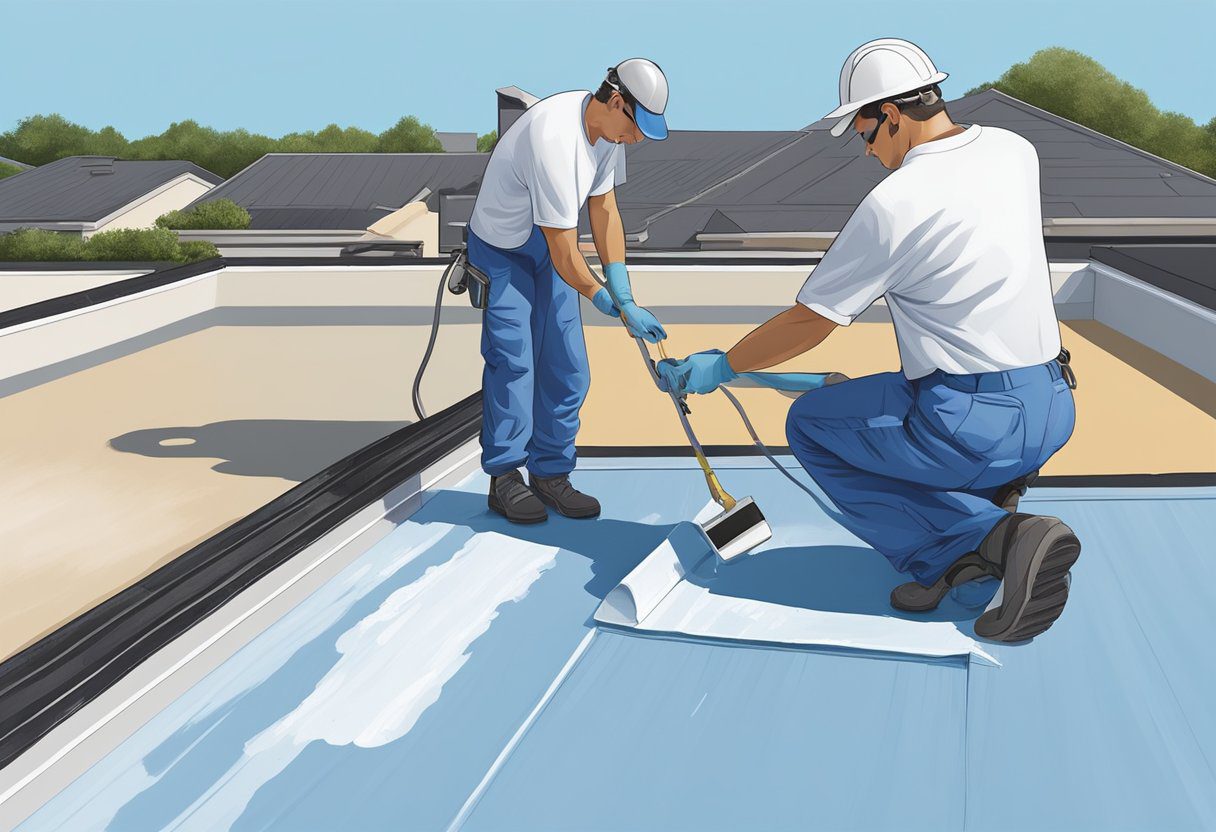 A roofer applies waterproofing sealant to a flat roof in Sugar Land, TX, under a clear blue sky. The sealant forms a protective barrier against moisture and UV damage, ensuring long-term roof protection