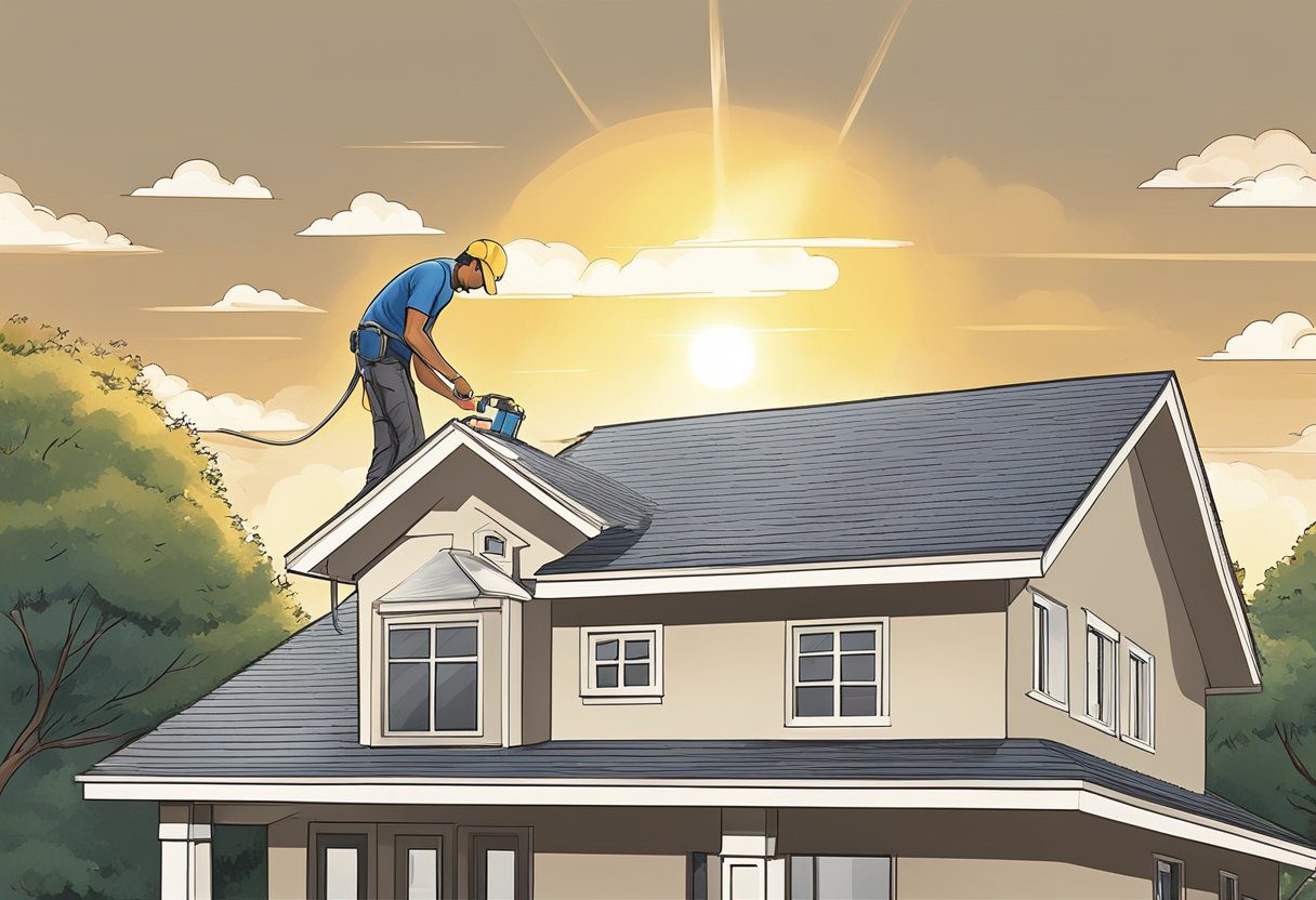 A roofer applies waterproof sealant to a Sugar Land home's roof. The sun shines over the suburban neighborhood, as the roofer works diligently to protect the home from the unpredictable Texas climate