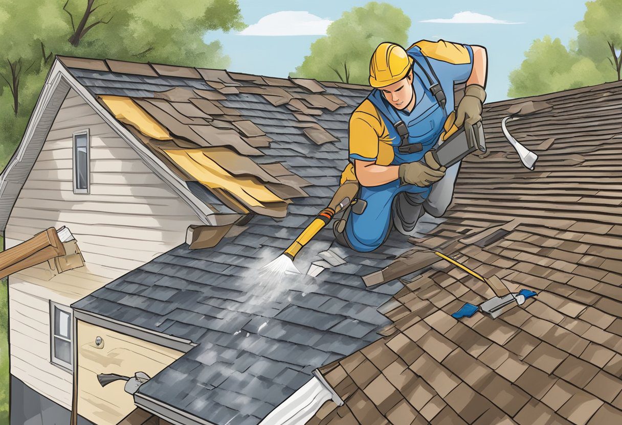 A roofer quickly patches a leaking roof in Sugar Land, TX. Materials and tools are scattered around the work area