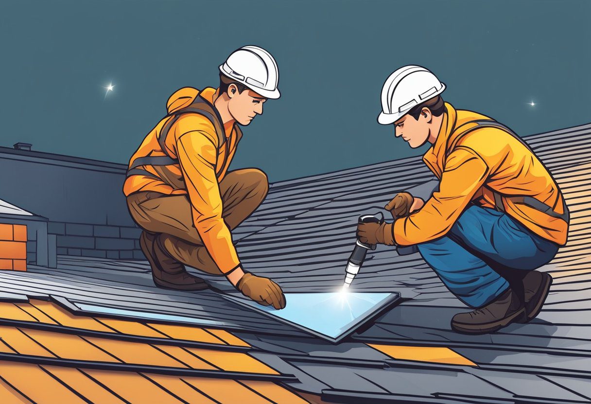 A roofer inspects a flat roof for waterproofing needs using a flashlight and moisture meter