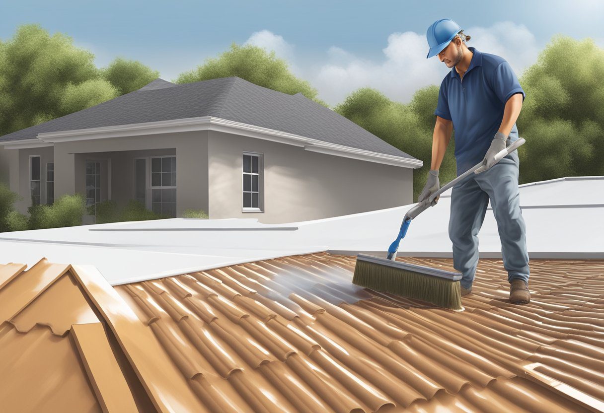 A person applying waterproofing sealant to a flat roof with a roller, surrounded by buckets of sealant and tools