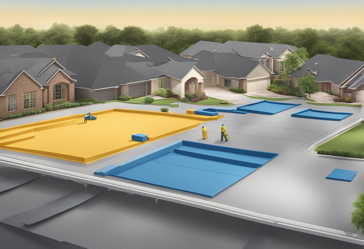 The scene depicts various waterproofing materials such as asphalt, bitumen, and synthetic membranes being applied on a roof in Sugar Land, TX